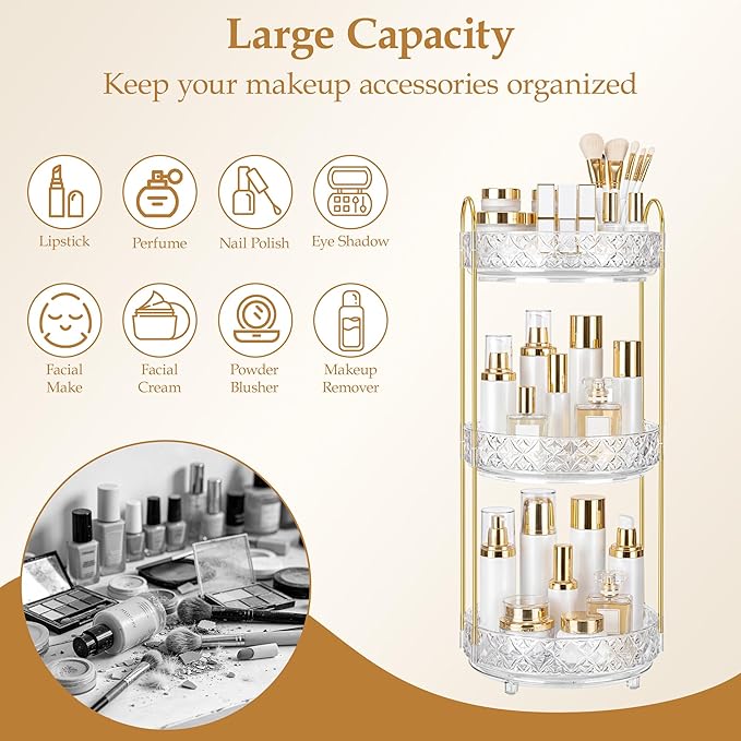 360 Rotating Makeup Organizer for Vanity, 2 Tier Adjustable Perfume Organizer for Dresser, Multi-Function Spinning Cosmetics Skincare Storage for Bedroom, Dresser, Countertop, Clear