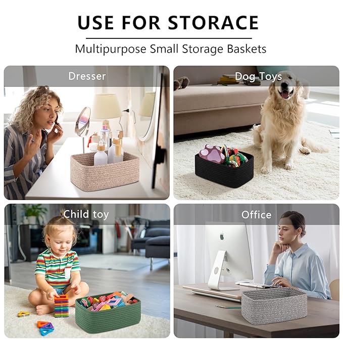 OIASKET 4 Pack Small Storage Shelf Baskets for Organizing, Mini Woven Rope Storage Bins for Towels, Cute Decorative Closet Organizer,Baby Nursery, Gift Empty Baskets -11.81''Lx7.87''Wx4.72''H-Black