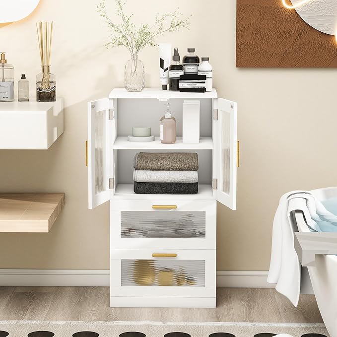 Bathroom Floor Storage Cabinet Freestanding Organizer with Acrylic Doors for Bathroom, Home Office, Bedside, Sofa Side Table
