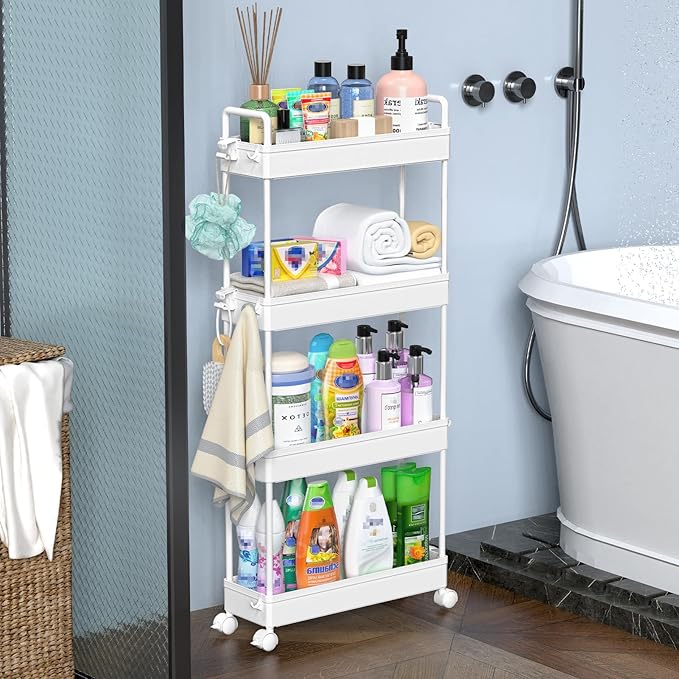 SOLEJAZZ Slim Rolling Storage Cart with Wheels 4 Tier Skinny Bathroom Storage Organizer Narrow Shelf Unit Thin Laundry Room Utility Cart for Bedside Kitchen Office Next to Fridge Small Places, White