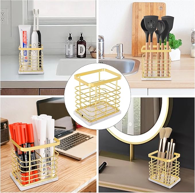 Toothbrush Holder, Luxurious Metal Toothbrush Toothpaste Holder with Marble Base for Bathroom, Multi-Slots Openwork Design, Bathroom Accessory for Storage and Organizer (Small, Gold)