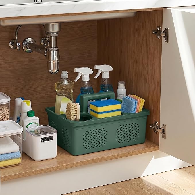 KMV Dorm Room Portable Shower Caddy with Adjustable Compartments - Ventilated Drainage Design with Handles, Perfect Toiletries Organizer for College Dorms-green