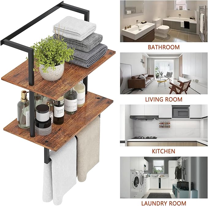 Wall Mounted Towel Rack for Bathroom, Bath Storage Holder 3-Tier Steel Wood Towel Shelf with Bar, Rustic Brown
