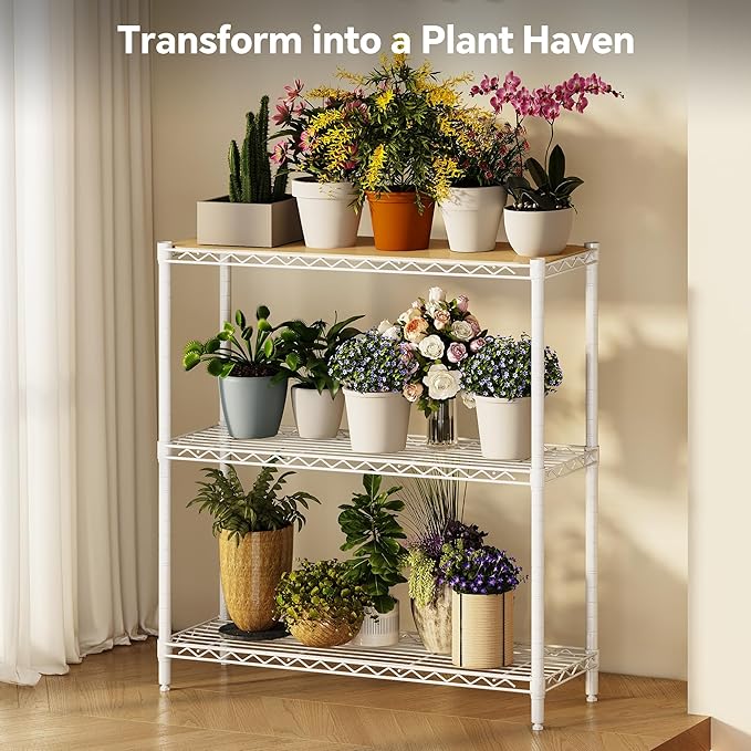 Homeiju 3-Tier Storage Rack, 29.8" Wide Heavy Duty Metal Shelving Unit, Top Tier with Removable Wood Board, 200 lbs Capacity per Shelf, for Pantry, Bathroom, Garage, Entryway, Plant Stand