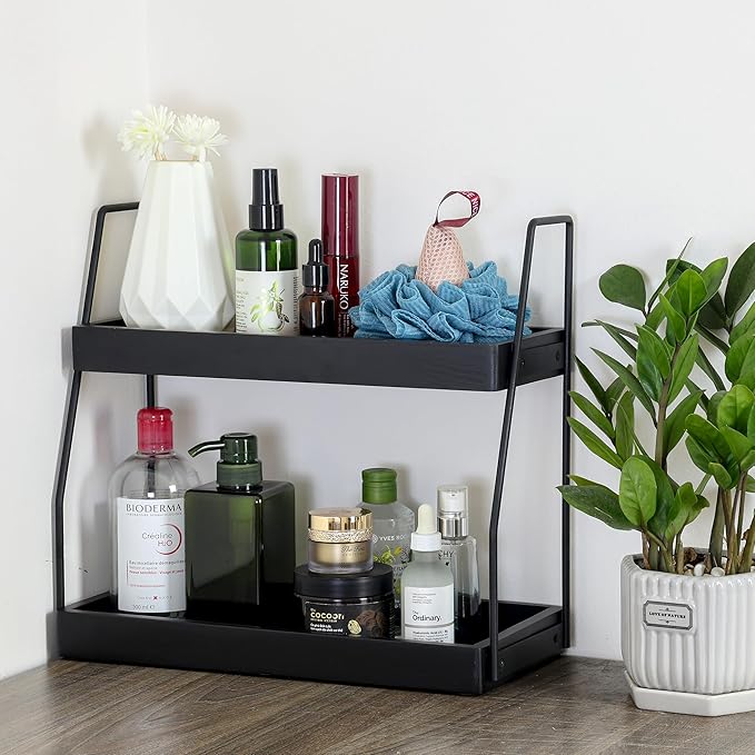 Acacia Bathroom Organizer Countertop 13.6 x 14 x 6.7 inches, 2-Tier Wood Counter Standing Rack, Countertop Storage Shelf for Organizing Bathroom Kitchen Office Desk Vanity Cosmetic Balcony (Black)