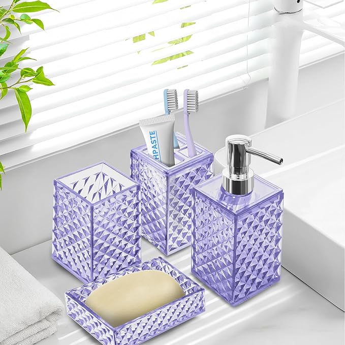 Bathroom Accessory Set, 4 PCS Light Purple Bathroom Accessories Set, Soap Dispenser and Toothbrush Holder Set, Soap Dish and Mouthwash Cup, Boho Bathroom Decor, Plastic Bathroom Sets