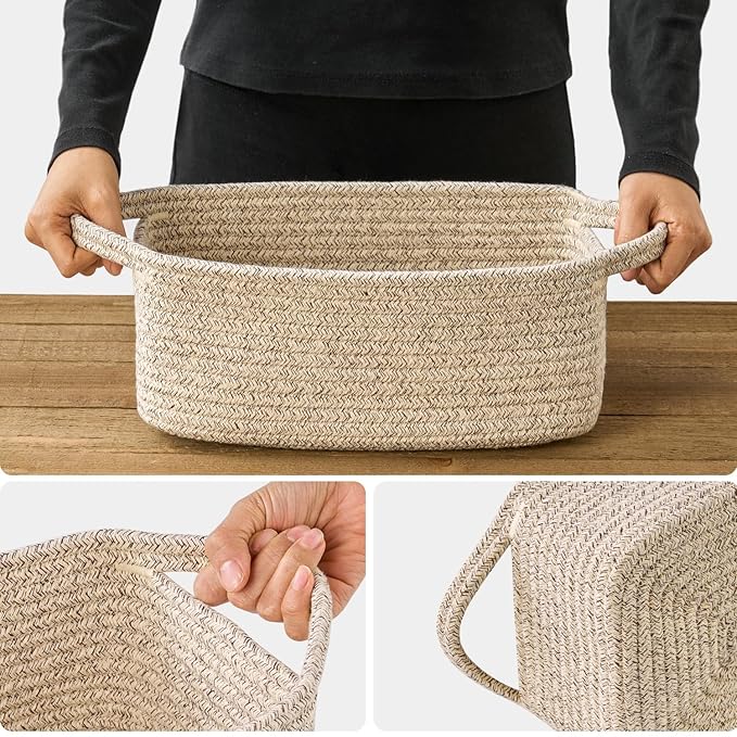 Small Woven Gift Basket Empty with Bag & Ribbon - Gifts for Mom, Baby Shower, Birthdays & Raffle - Cotton Rope Storage Basket for Dog Toys or Shelf - 12"x8"x5", Mixed Brown