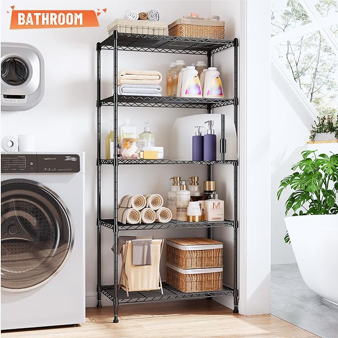 Romorgniz 5-Tier Shelf 1010LBS Storage Shelves Adjustable Wire Shelving,Tool-Free Assembly,Metal Shelving Unit for Kitchen Pantry Closet Laundry Bathroom 59" Hx21.7 Wx13.8 D,Black,3P