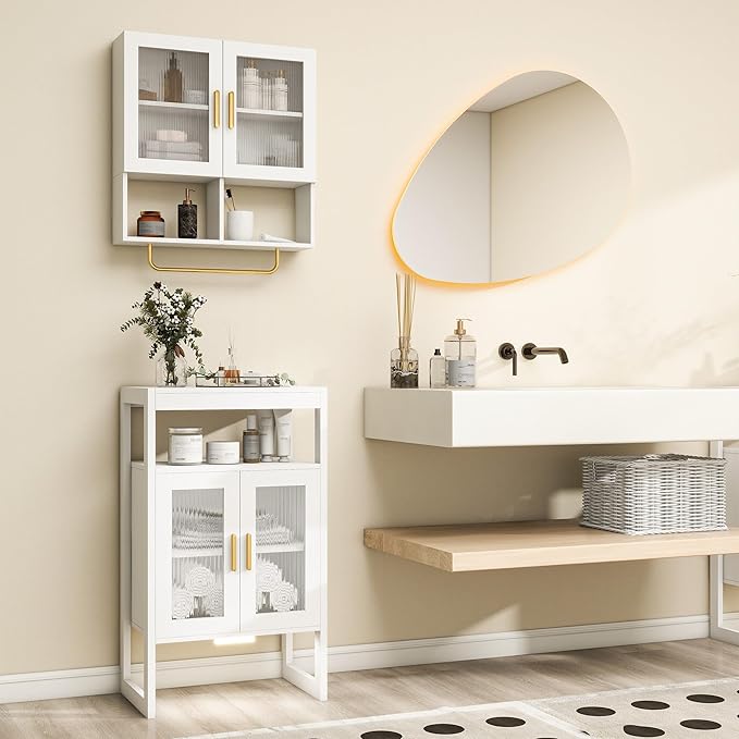 Bathroom Floor Storage Cabinet Freestanding Organizer with Sensor Light & Acrylic Doors for Bathroom, Home Office, Bedside, Sofa Side Table