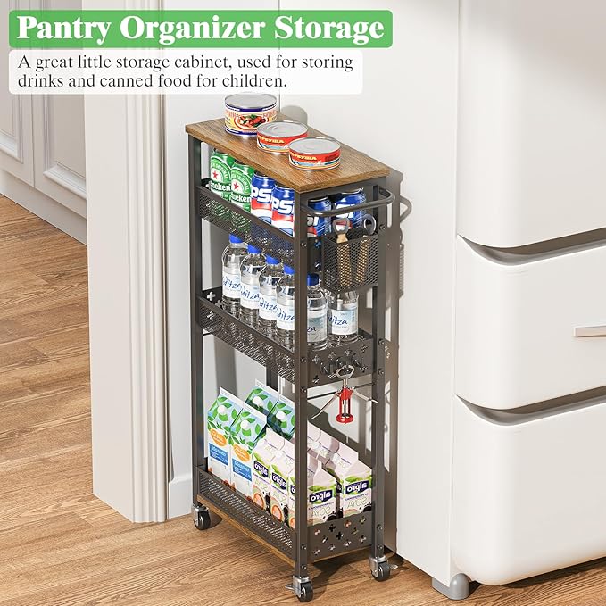 Slim Storage Cart with Wheels - 4 Tier Utility Narrow Rolling Cart with Wood Top, Metal Trolley for Bathroom Laundry Kitchen Organization with Handle, 7.1 inch Wide for Small Space, Black