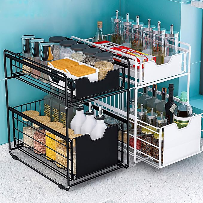2 Tier Sliding Cabinet Basket Drawer Sliding Basket Under Sink Cabinet Storage Shelf for Kitchen Countertop Pantry Bathroom Office Desktop - Black