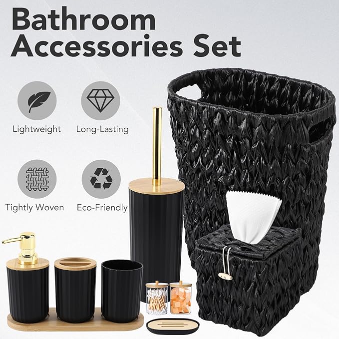 Bathroom Accessory Set, 10 Pieces Bath Set- Wicker Trash Can Tissue Box Soap Dish Toothbrush Holder Rinse Cup Lotion Bottle Toilet Brush Qtip Holder - Practical Bathroom Decor Sets (Black, Bath Set)