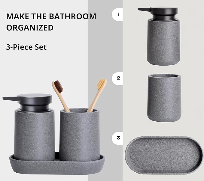 Clasin Home 3 Pcs Bathroom Accessories Set, Liquid Soap Dispenser with Large Pump, Toothbrush Holder Cup and Soap Dish, Sandstone Texture Bathroom Counter Set for Modern Home (Gray)