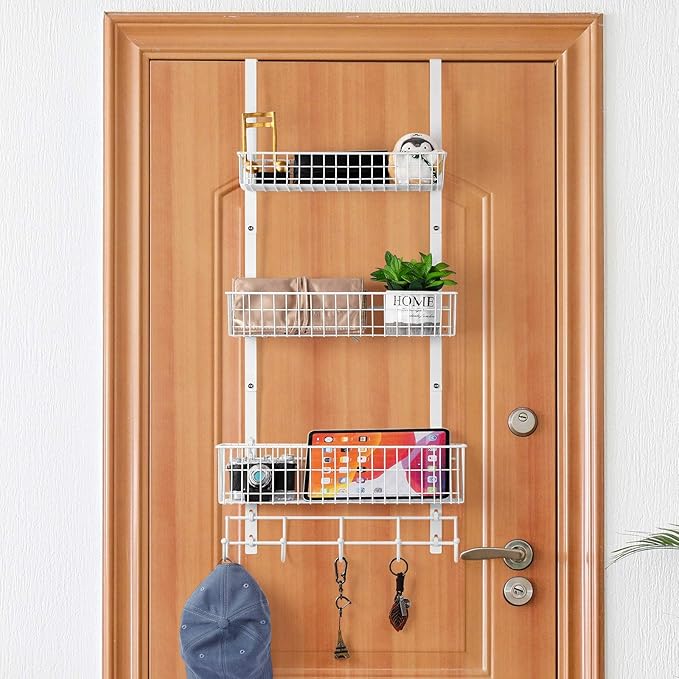 OYEAL Over The Door Basket Organizer 3 Tier Hanging Kitchen Storage Rack Heavy Duty Pantry Organizer with 3 Basket and 5 Hooks Door Back Metal Wire Basket for Kitchen, Bathroom, Office, White