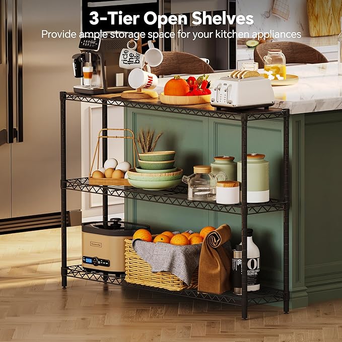 Homeiju 3-Tier Kitchen Storage Shelf, 41" Wide Adjustable Standing Metal Shelving Unit with Removable Wooden Boards, Heavy Duty for Pantry, Bathroom, Garage, Entryway, Plant Stand, Black