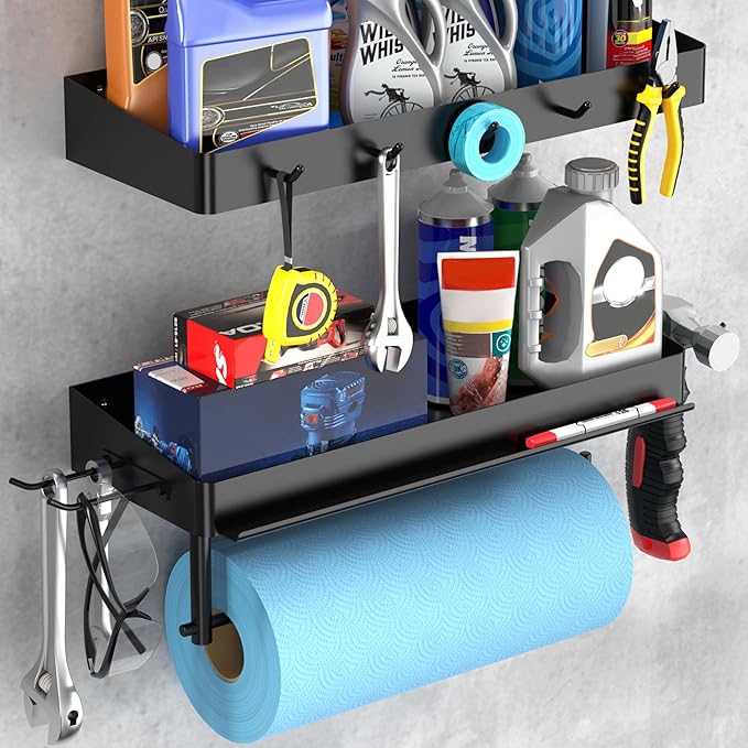 ZUNTO Pack of 2 Black Paper Towel Holder and Organizer Shelf for Garage, Wall Mounted Paper Roll Holder with Shelf and Hooks, Drilling Garage Organization and Storage