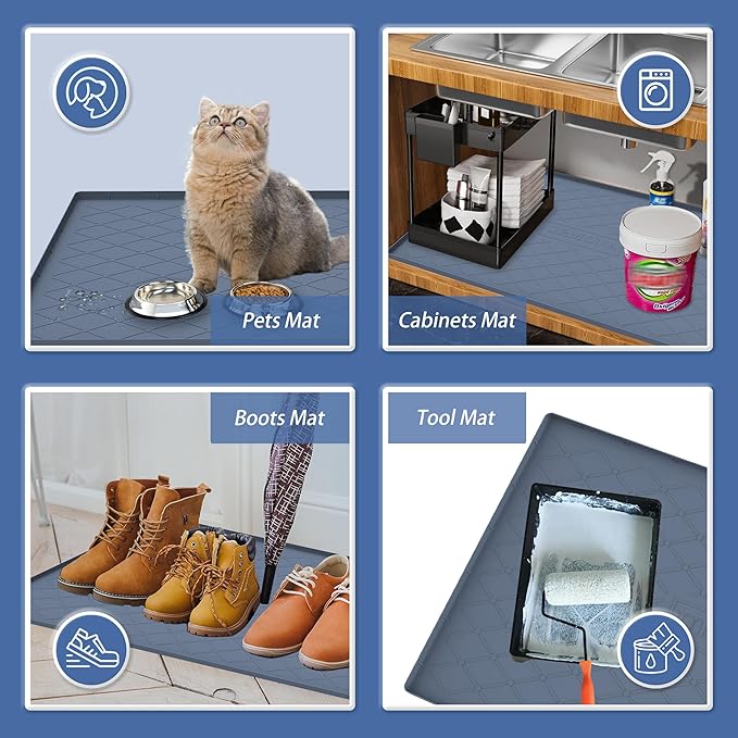 URMONA 37" x 22" Waterproof Silicone Mat in Multiple Sizes & Colors, Under Sink Mat for Kitchen & Bathroom, Pet Food Pad for Dogs & Cats, Kitchen Cabinet Liner, Multi-Purpose for Storage(Black)