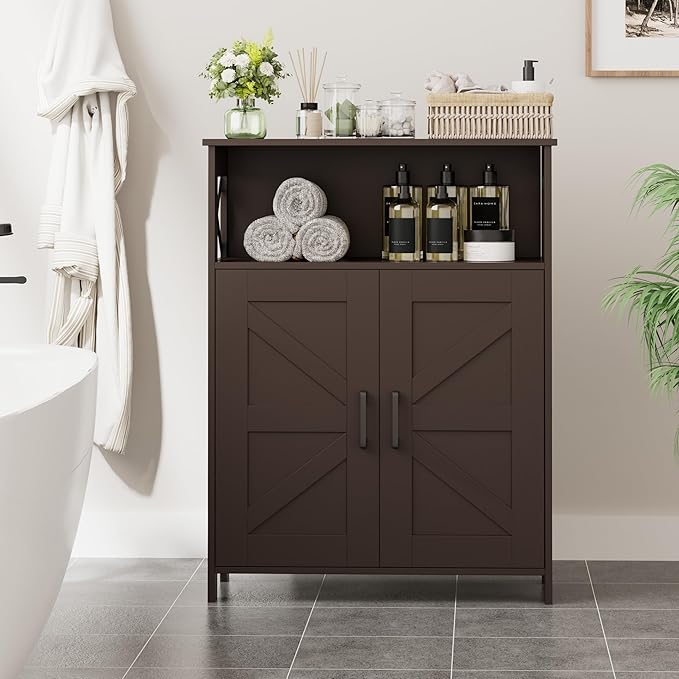 Homhedy Farmhouse Bathroom Storage Cabinet with 2 Doors, Toilet Paper Cabinet with Adjustable Shelves, Small Bathroom Cabinet for Kitchen/Laundry/Living Room, 11.8 x 23.6 x 31.5 Inches, Brown