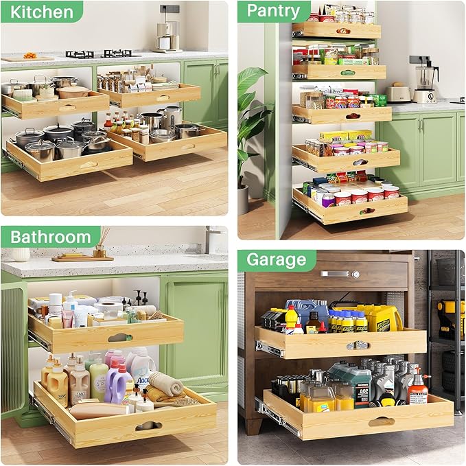 Pull Out Cabinet Organizer, Soft Close Wooden Slide Out Drawers for Pots and Pans, Full-extension Roll Out Shelves for Kitchen Cabinets, Pantry Organization, Bottom & Side Mount(23"W X 21"D x 3.4''H)