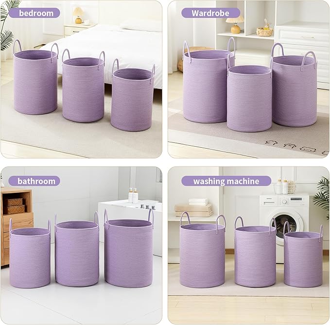 Laundry Basket Hamper Tall Rope Storage Woven for Blanket toys Dirty Clothes in Living Room Bathroom Bedroom (Purple, 100L/26.4Gal)