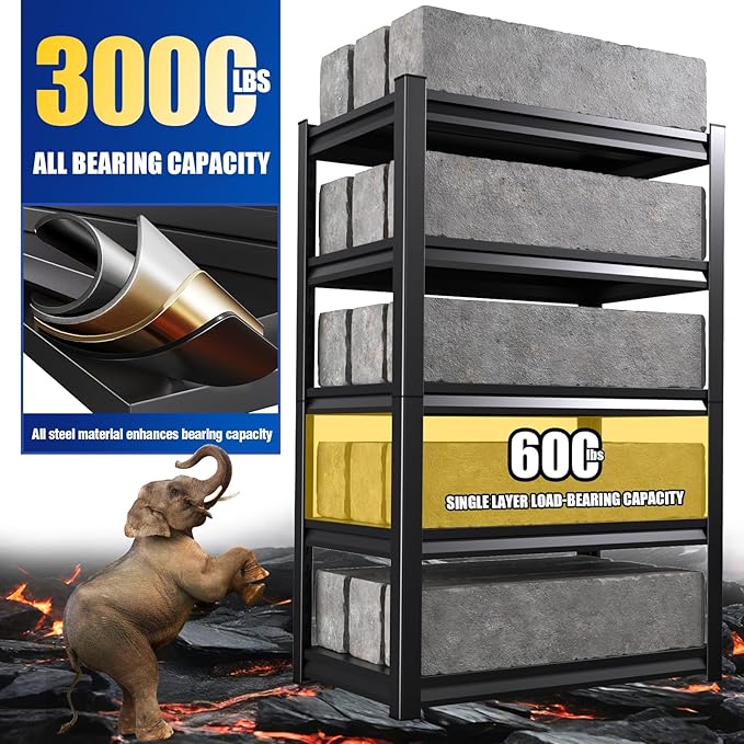 72"H Garage Shelving, Adjustable Garage Storage Shelves 3000LBS Heavy Duty Shelving 5-Tier Metal Shelving Units fou Garage, Utility Shelf Rack for Warehouse,Basement, Shop, 72''H x 45.7''W x 19.7''D
