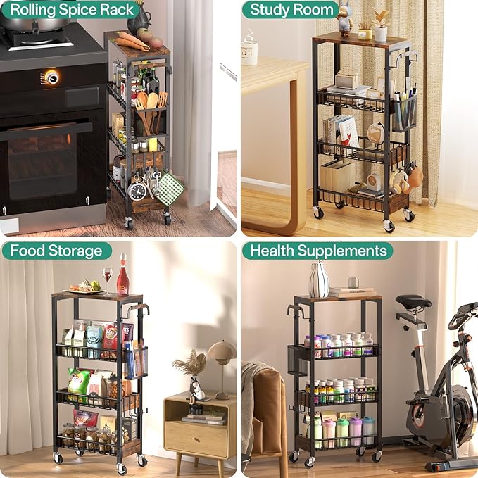 DTUQYX Slim Bathroom Storage Cart, 4 Tier Small Rolling Organizer Cabinet with Wood Top Handle, Mobile Shelving Unit Slide Out for Office, Kitchen, Laundry Room & Narrow Places (9.1" Overall Width)