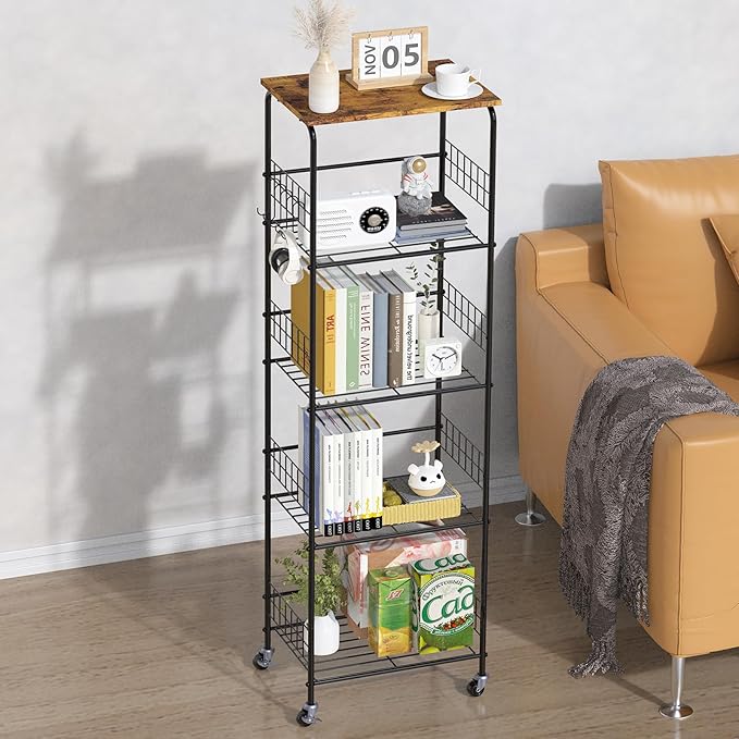 Storage Shelves with Wheels 5 Tier Metal Wire Storage Rack with Wooden Top, Versatile Utility Organizer with Side Hooks Free Standing Rolling Cart for Bathroom, Living Room, Kitchen, Laundry, Brown