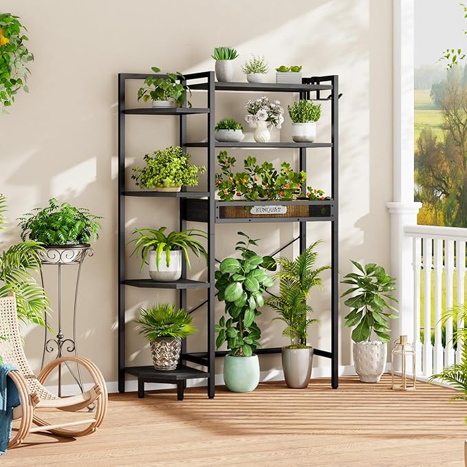 K1 Heavy Duty 7-Tier Over The Toilet Storage(with Basket and Paper Hook) Freestanding Above Toilet Shelf with Adjustable Feet,Space Saver Bathroom Shelves 9.3" D x 33.5" W x 63.8" H,Black