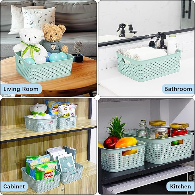 Soddeph Plastic Storage Baskets for Cabinets, Household Pantry Organization with Handle,Organizer Bins for Room,Bathrooms,Under-Sink,Kitchen (Green, M-3PACK)