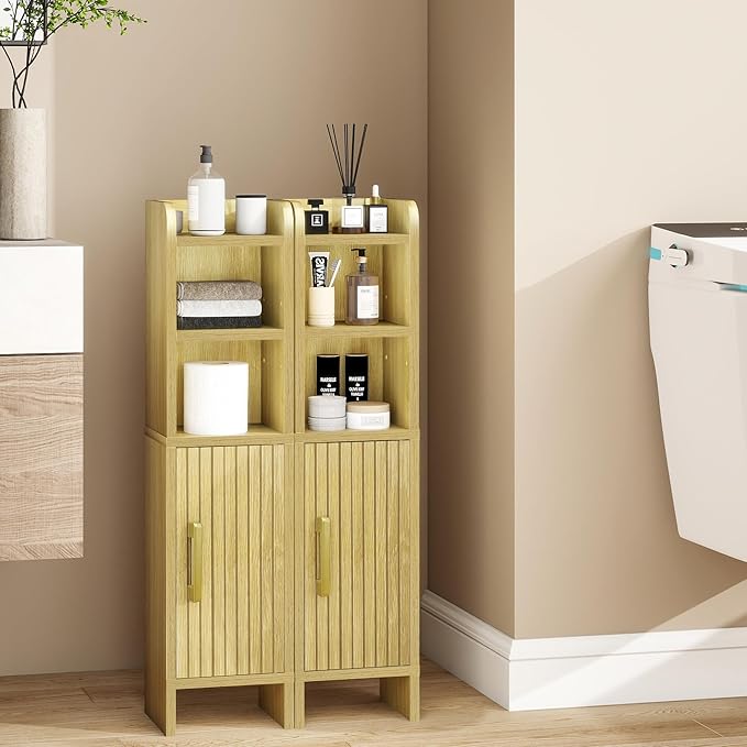 Small Bathroom Storage Corner Floor Cabinet Narrow Toilet Paper Cabinet with Adjustable Shelves Wooden Slim Bathroom Organizers and Storage with Fluted Door for Small Spaces, Wood