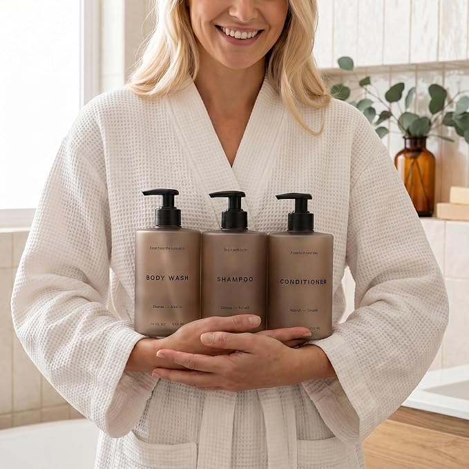 Stylish Shampoo and Conditioner Dispenser Set of 3 - Modern 20oz Shower Soap Bottles with Pump and Labels - Easy to Refill Body Wash Dispensers for an Instant Bathroom Decor Upgrade