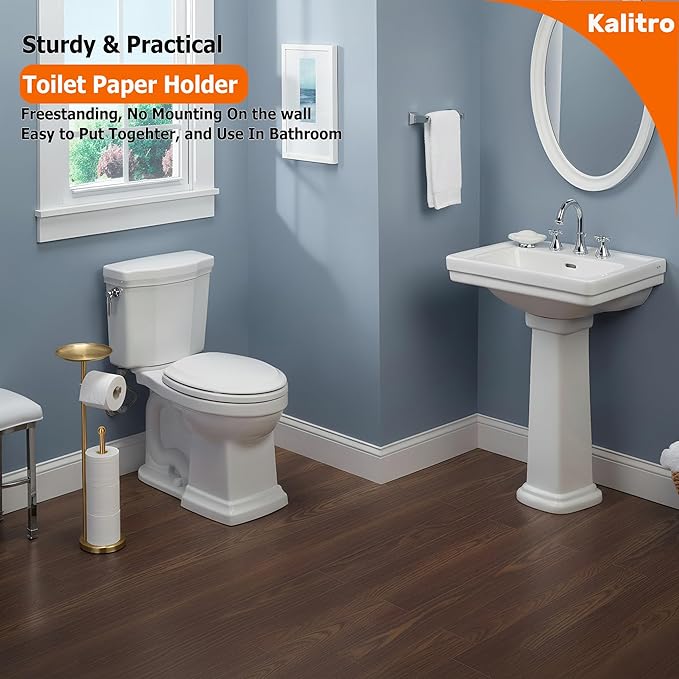 Kalitro Toilet Paper Holder Freestanding with Big Shelf, 4 Rolls Reserve Paper Holder Stand, Modern Paper Roll Holder with Storage Space for Phones (Gold)