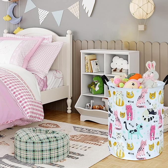 Kids Laundry Hamper Storage Basket Laundry Organizer Hamper Storage Bins Clothes Box Nursery Hamper Gift Basket with Handles (Cat)
