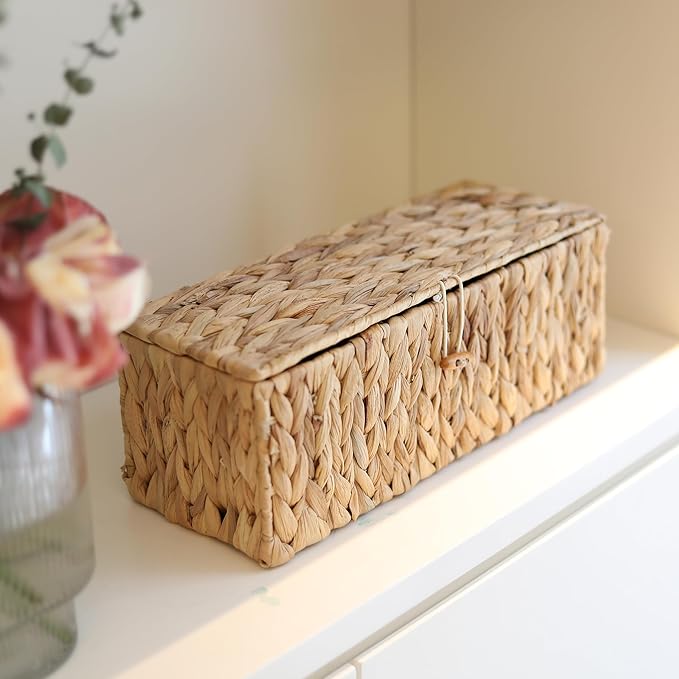 Wicker Bathroom Basket with Lid, Water Hyacinth Toilet Tank Basket with 3 Compartments, Woven Storage Box for Bathroom Organizer (13.2 x 5.1 x 4.5 inch)