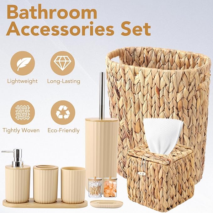 Bathroom Accessory Set, 10 Pieces Bath Set- Wicker Trash Can Tissue Box Soap Dish Toothbrush Holder Rinse Cup Lotion Bottle Toilet Brush Qtip Holder - Practical Bathroom Decor Sets (Beige, Bath Set)