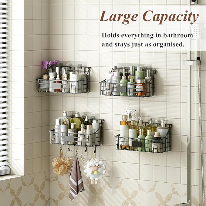 Sonyabecca Hanging Wall Wire Basket-4Pack,Large Metal Organizer Baskets & Bathroom Shower Shelf with 4 Adhesive Hooks+5 S Hook, Wall Mounted Baskets & Shelves for Bathroom, Kitchen Storage