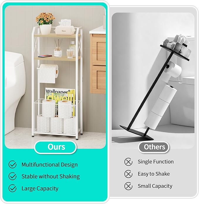 HapiRm Freestanding Toilet Paper Holder - 4-Tier Bathroom Tissue Organizer with Wood Shelves and Large Basket, Toilet Paper Holder Stand for Bathroom, Laundry Room, Apartment - White(Large)