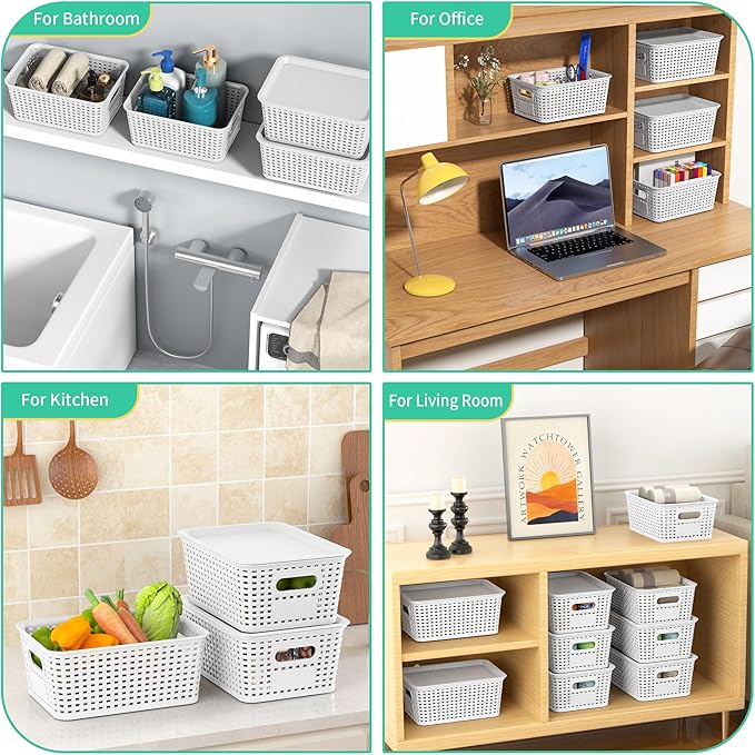 8-Pack White Plastic Storage Baskets with Lids, Label Organizers, Stackable Organizer Containers: For Organizing Shelves, Drawers, Desk Closets, Playrooms, Classrooms, Offices