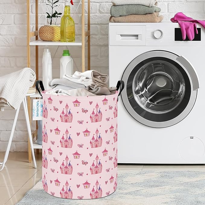 Girl Laundry Basket Canvas Fabric Collapsible Organizer Basket for Storage Bin Toy Bins Gift Baskets Bedroom Clothes Children Nursery Hamper (Pink Castle)