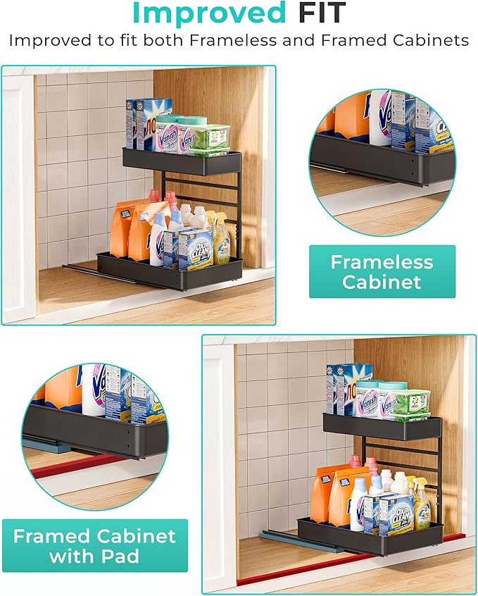 EVERIE Height Adjustable 2 Tier Metal Pull Out Slide Shelf Organizer for Under Sink Cabinets in Kitchen, Bathroom, with Snap-on Top Tray, 16" Deep (Black, 2 Sets) | Pull Out, Slide Shelf