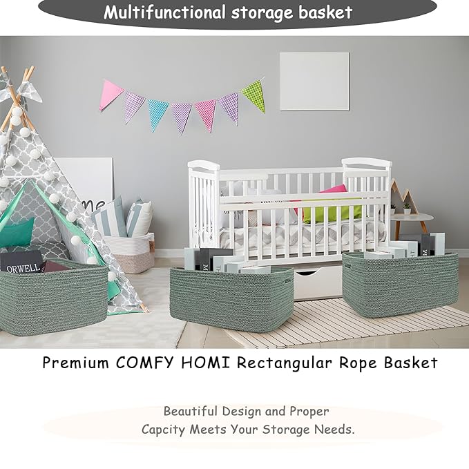 COMFY-HOMI Cotton Rope Woven Basket with Handles for Shelves,Toys,Book, Cloth Storage Baskets for Organizing-17" x 13" x 7.5" Toy Decorative Organizer for Living Room, Bathroom (Green)