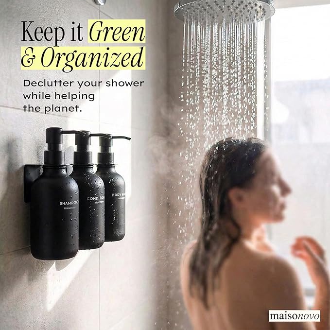 Shampoo and Conditioner Dispenser Wall Mounted Set of 3 Black - No Drill Shower Soap Dispenser for Bathroom Refillable - Spa Hotel Style Accessories by MaisoNovo