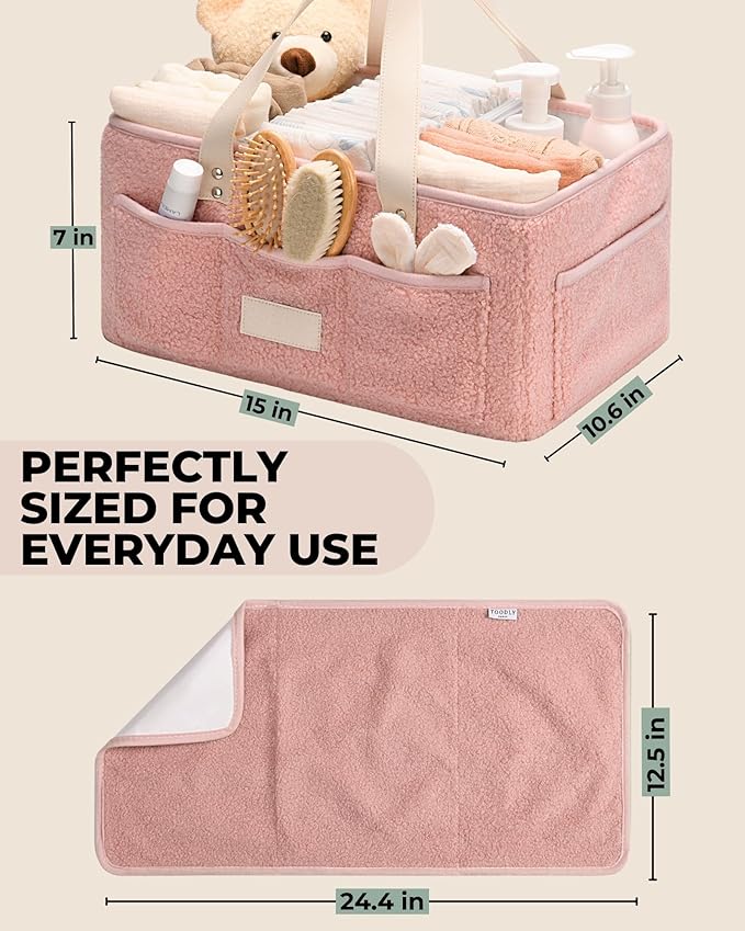 Baby Diaper Caddy Organizer with Portable Changing Mat - Teddy Fleece Diaper Organizer for Changing Table - Basket for Changing Essentials - Baby Essentials Organizer with Removable Dividers