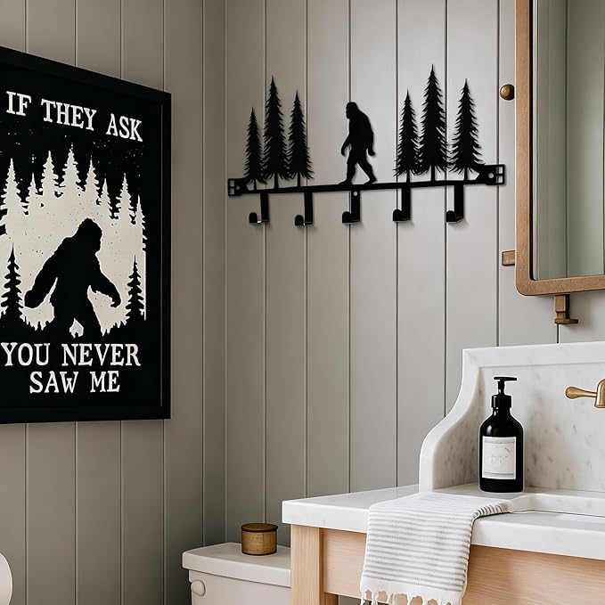 AceOrbit Black Bigfoot Over The Door Hooks Hanger Wall Mount Towel Hanger Door Holder Organizer 5 Hooks Kawaii Farmhouse Rustic Coquettish Style Decor for Bedroom Bathroom Towel Hat Clothes