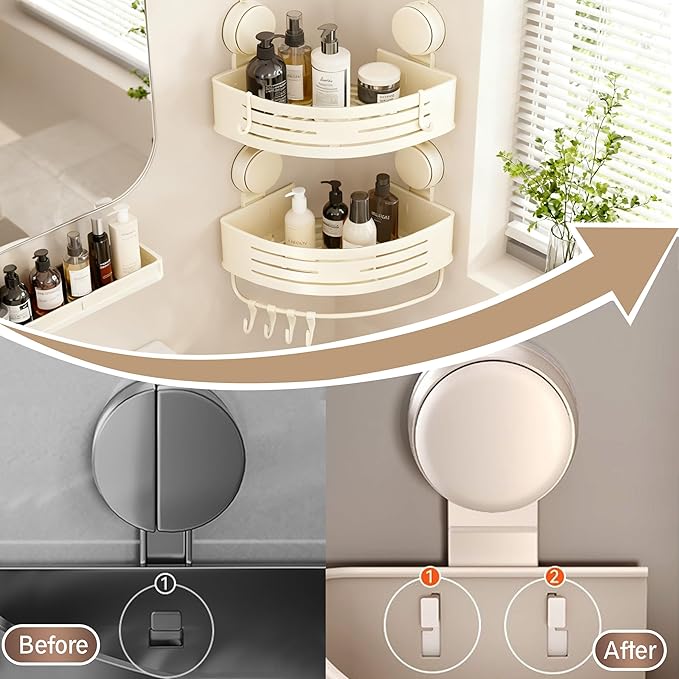 Corner Shower Caddy Bathroom Organizer(2-Pack Cream White),No-Drilling Aluminum Suction Cup Corner Shower Shelf with Towel Bar & Hooks,Detachable and Reusable Bathroom and Kitchen Storage