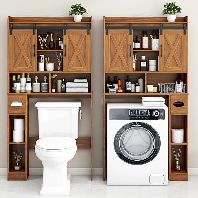 Vabches Over The Toilet Storage Cabinet, Farmhouse Storage Cabinet Over Toilet with Sliding Doors,Home Space-Saving Toilet Rack, for Restroom, Bathroom, Laundry,Caramel