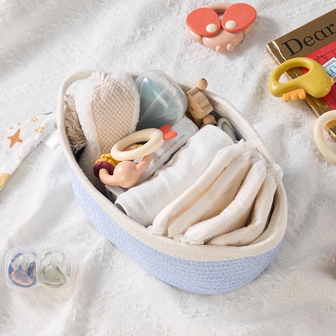 Small Woven Gift Basket Empty with Bag & Ribbon - Gifts for Mom, Baby Shower, Birthdays & Raffle - Cotton Rope Storage Basket for Dog Toys or Shelf - 12"x8"x5", White & Blue, 2 Packs