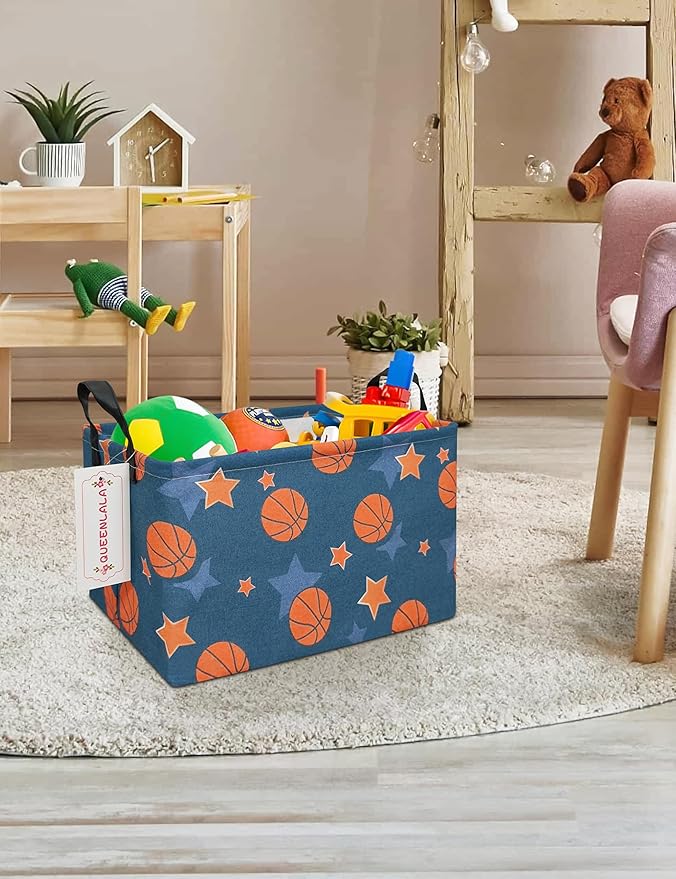 QUEENLALA Rectangular Laundry Hamper/Foldable Nursery Laundry Basket for Organizing/Storage Bin Baskets/Children Toy Office Bedroom/Toy Bin Closet Shelf Baskets(Rec-Basketball)