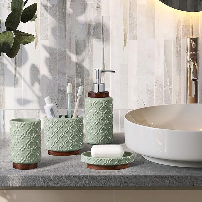 RQYIXI 4 Piece Bathroom Accessories Set, Green Ceramic Bath Accessory Set with Wood Accents, Soap Dispenser, Toothbrush Holder, Tumbler and Soap Dish, Elegant Bathroom Countertop Decor