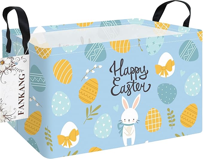 Storage Bins,Nursery Hamper Canvas Laundry Basket Foldable with Waterproof PE Coating Storage Baskets for Boys and Girls, Office, Bedroom, Clothes,Toys(Rec-Easter eggs )